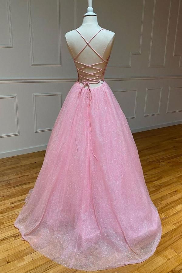 empire pink shiny tulle long prom dress cg15669
