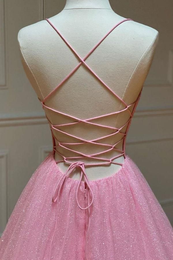 empire pink shiny tulle long prom dress cg15669
