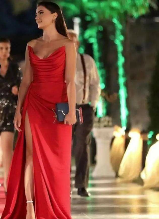 Gorgeous Strapless Slit Red Prom Dress Long Evening Dresses cg25354