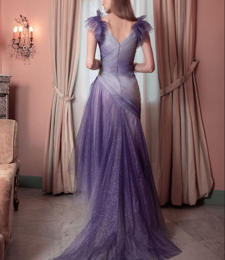 V Neck Glitter Tulle Prom Gown Unique Evening Dresses cg25329