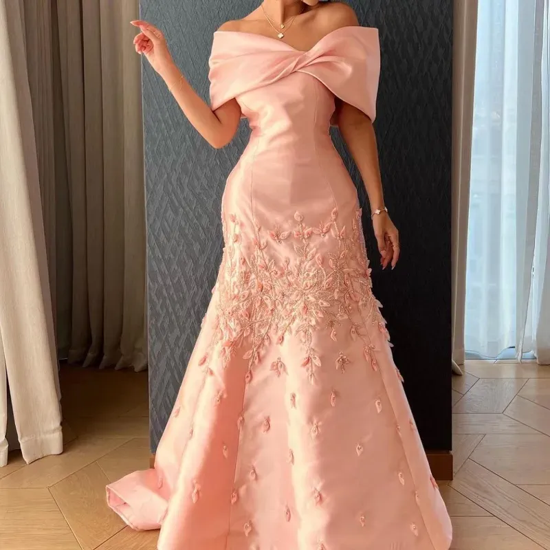 Evening Dresses Off the Shoulder Satin Beaded Lace A Line Arabic Floor Length Party Gowns for Women cg25180