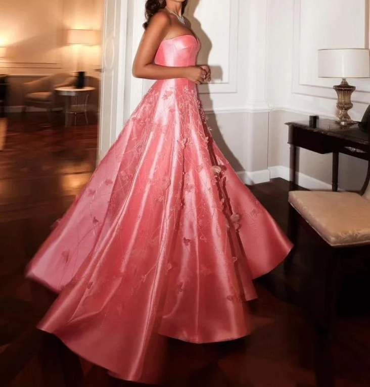 Pink Satin Handmade Flowers A Line Prom Dresses Unique Evening Dress cg25169
