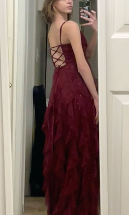 Spaghetti Straps Sexy Prom Dress Burgundy Tulle Long Evening Dresses cg25340