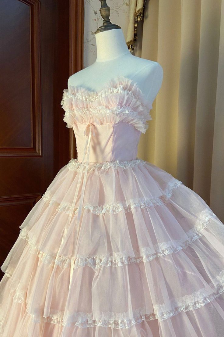 Pink Strapless Layers Tulle Long Party Dress, Glam Prom Dress Formal Gown cg25275