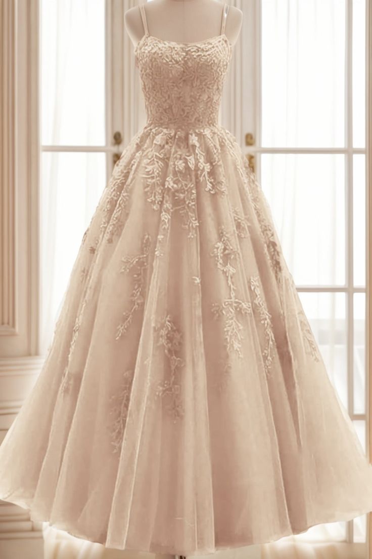 A-line V Neck Spaghetti Straps Long Lace Tulle Prom Dress cg25267
