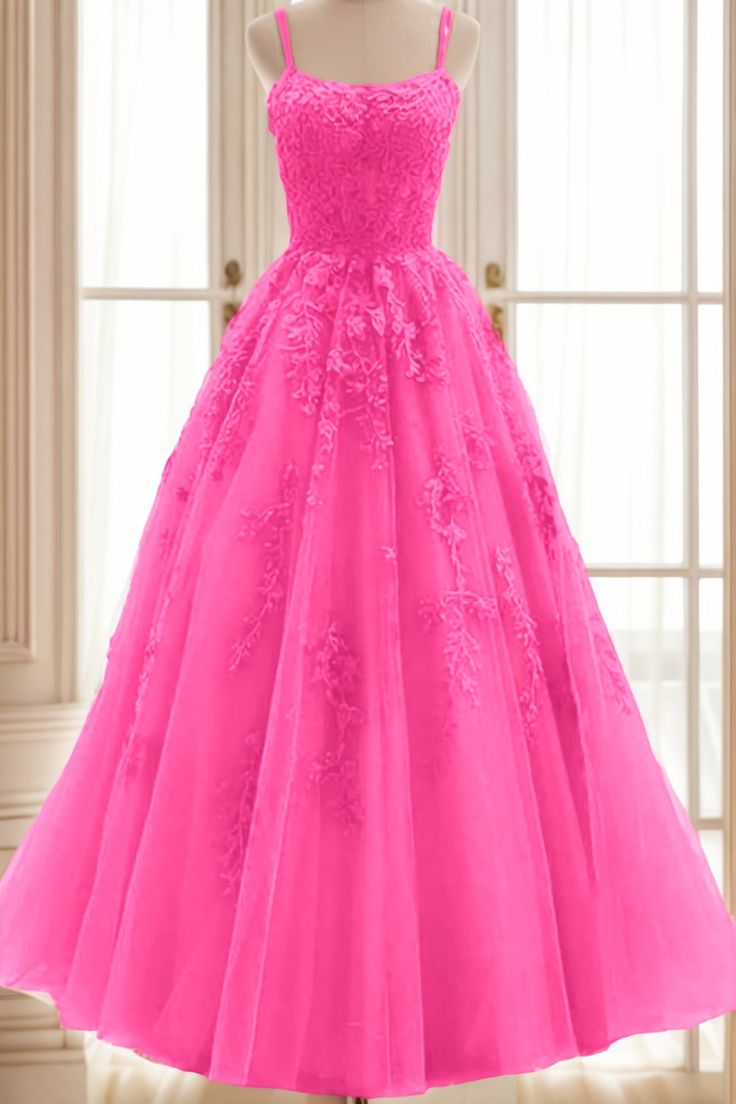 A-line V Neck Spaghetti Straps Long Lace Tulle Prom Dress cg25267