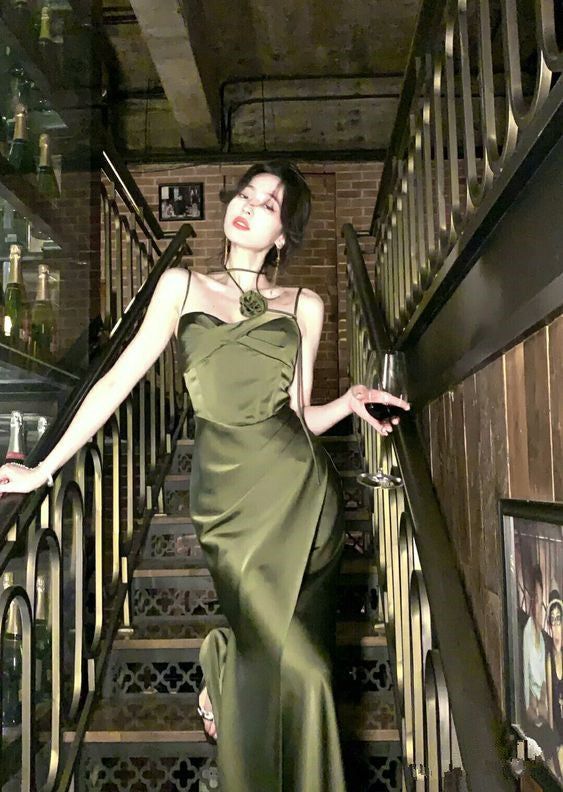 Mermaid Straps Satin Green Prom Dresses Formal Evening Dress cg25237