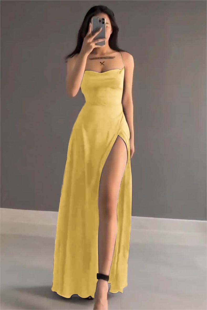 Simple Stain Spaghetti Strap Sleeveless Long Prom Dress with Split cg25245