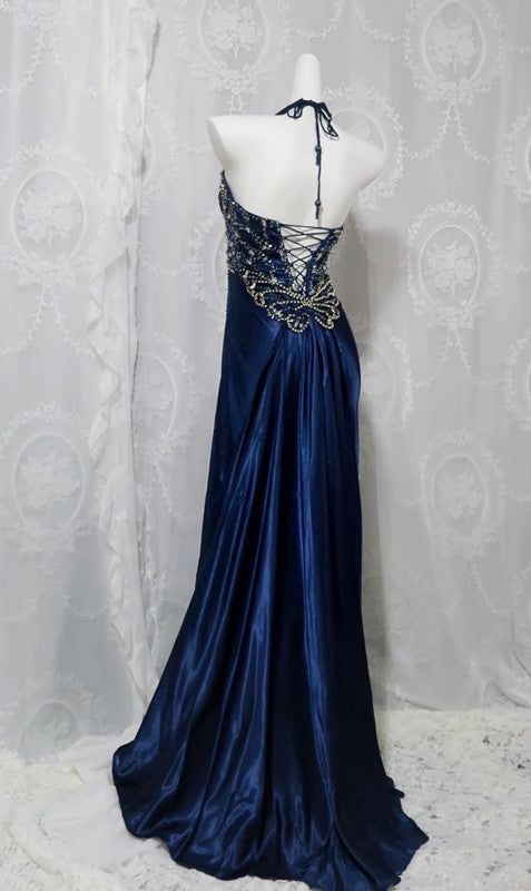 Navy Blue Halter Beaded Prom Dress Long Evening Dress cg25264