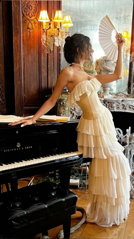 Strapless Chiffon Sleeveless Ivory Long Prom Dress Evening Dresses cg25217