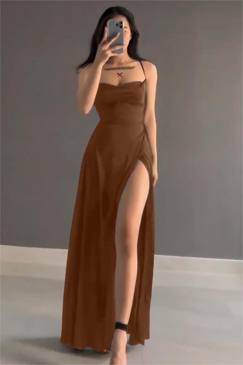 Simple Stain Spaghetti Strap Sleeveless Long Prom Dress with Split cg25245