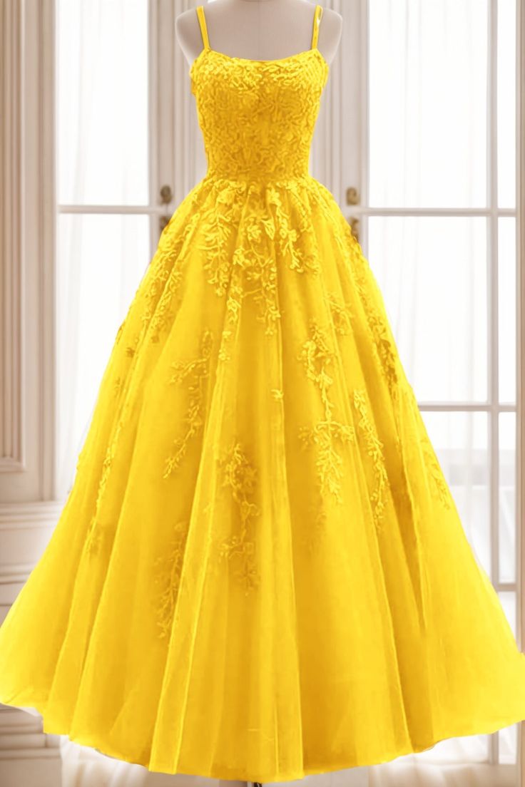 A-line V Neck Spaghetti Straps Long Lace Tulle Prom Dress cg25267