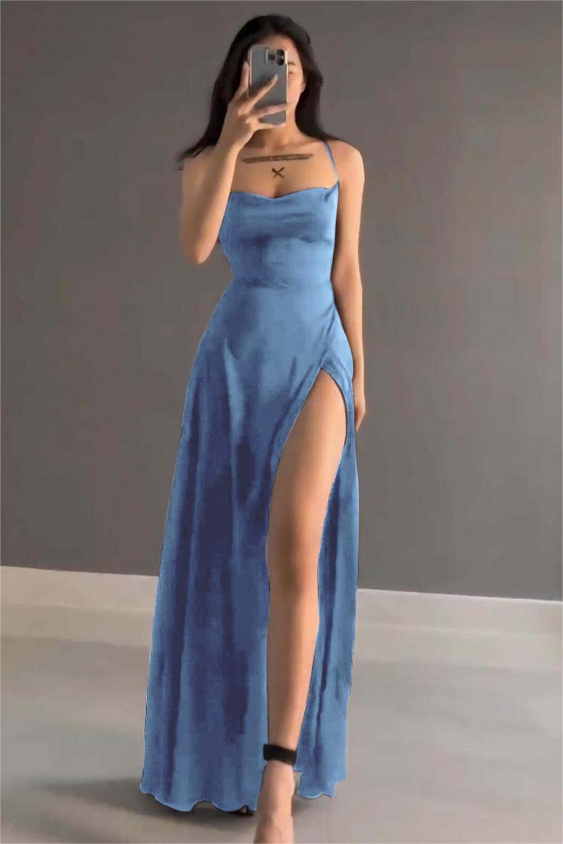 Simple Stain Spaghetti Strap Sleeveless Long Prom Dress with Split cg25245