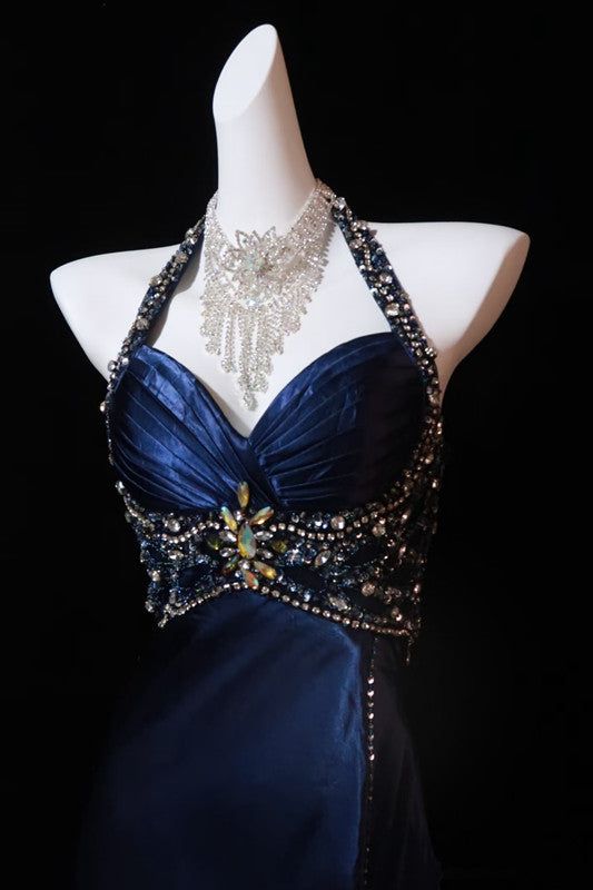 Navy Blue Halter Beaded Prom Dress Long Evening Dress cg25264
