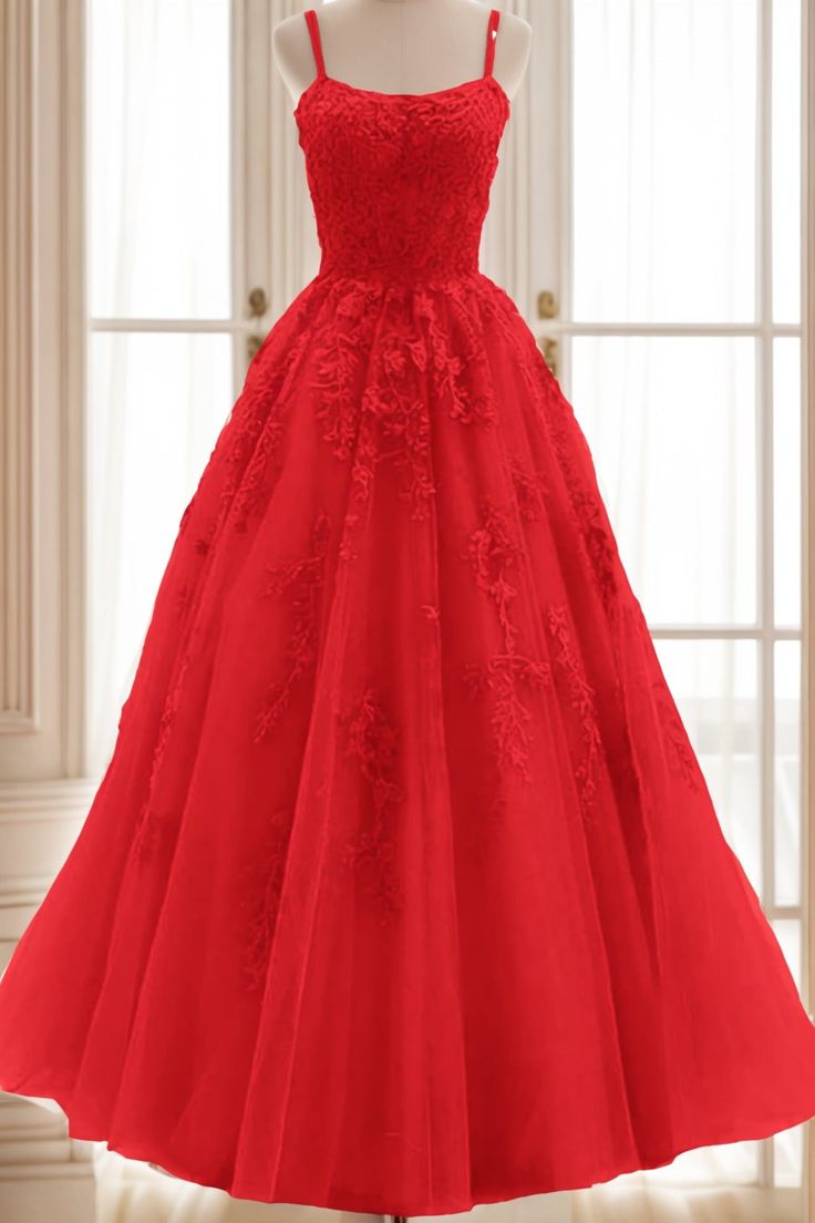 A-line V Neck Spaghetti Straps Long Lace Tulle Prom Dress cg25267