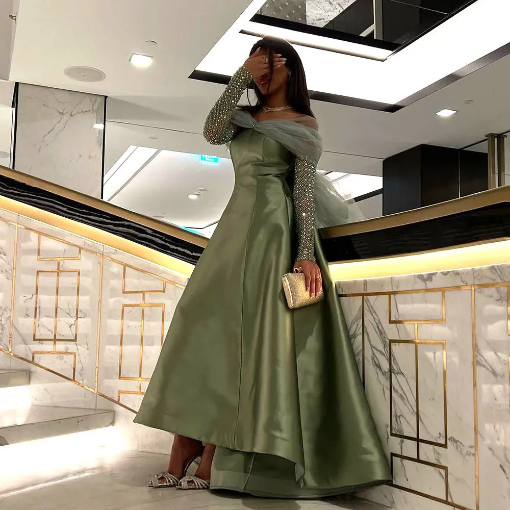 Long Sleeves Off Shoulder Satin Evening Dresses With Bow Long Arabic Prom Gown cg25156