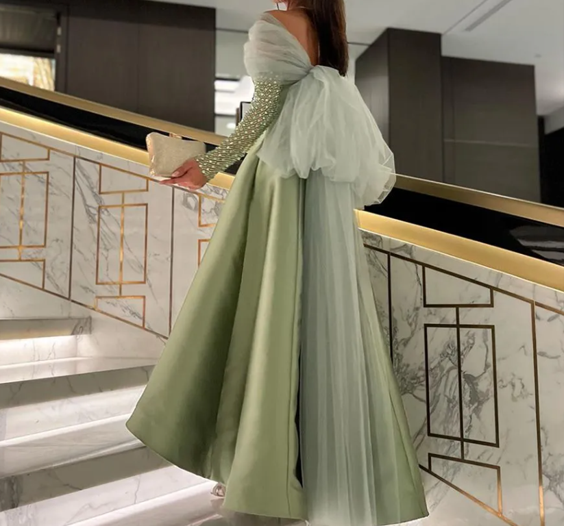 Long Sleeves Off Shoulder Satin Evening Dresses With Bow Long Arabic Prom Gown cg25156