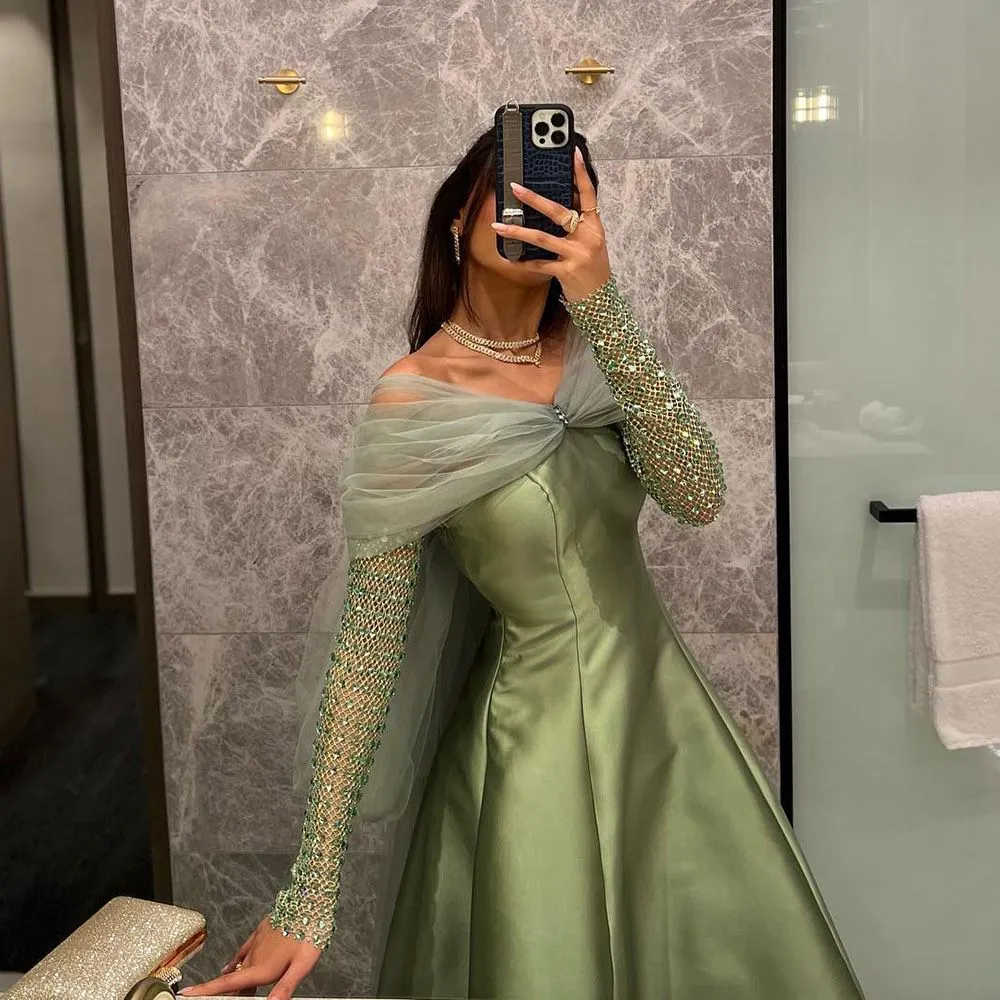 Long Sleeves Off Shoulder Satin Evening Dresses With Bow Long Arabic Prom Gown cg25156