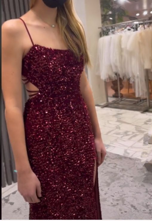 Sexy Mermaid Spaghetti Straps Burgundy Sequin Prom Dresses Party Dress cg25274