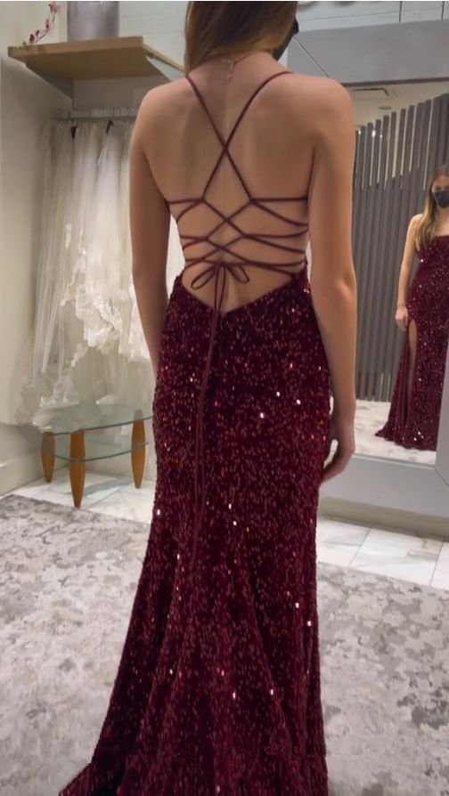 Sexy Mermaid Spaghetti Straps Burgundy Sequin Prom Dresses Party Dress cg25274