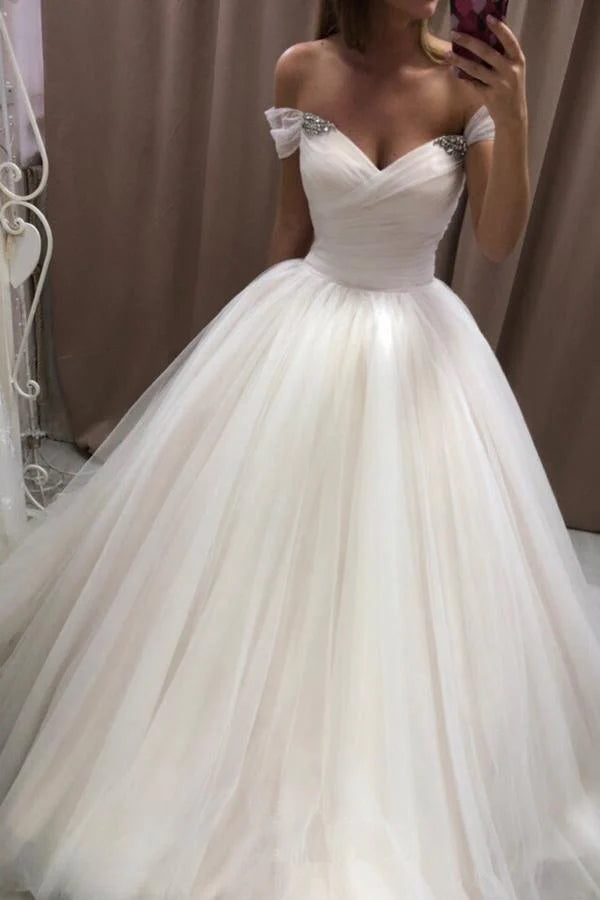 Off The Shoulder Tulle Sweetheart White Wedding Prom Dresses Bridal Gown cg23704