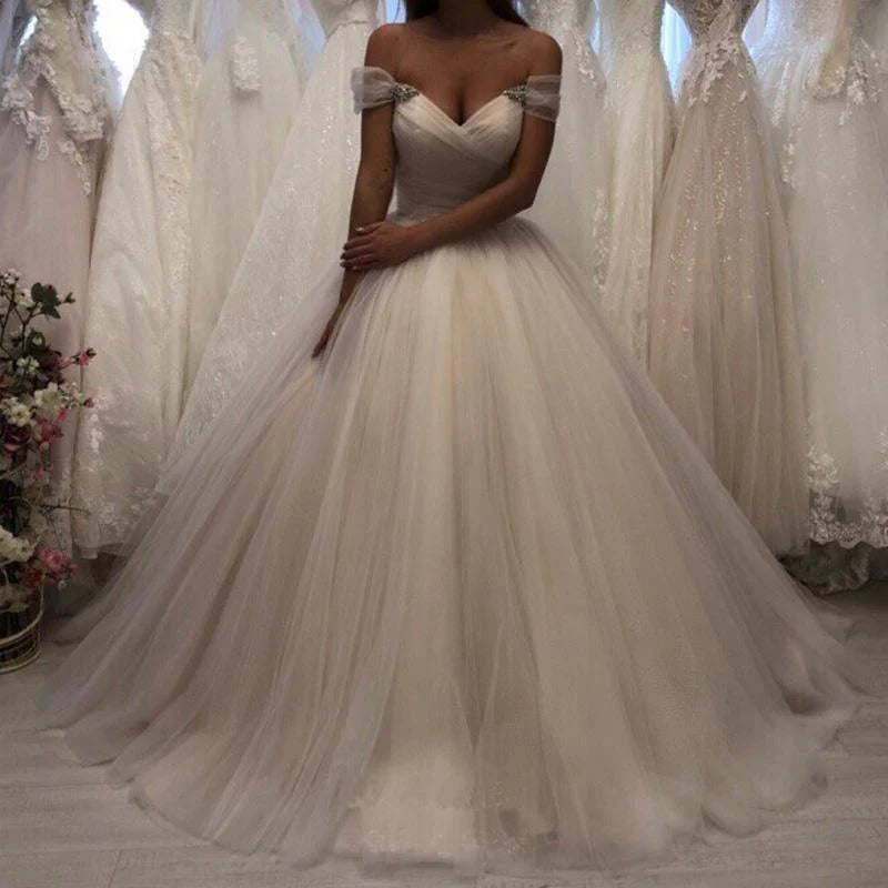 Off The Shoulder Tulle Sweetheart White Wedding Prom Dresses Bridal Gown cg23704