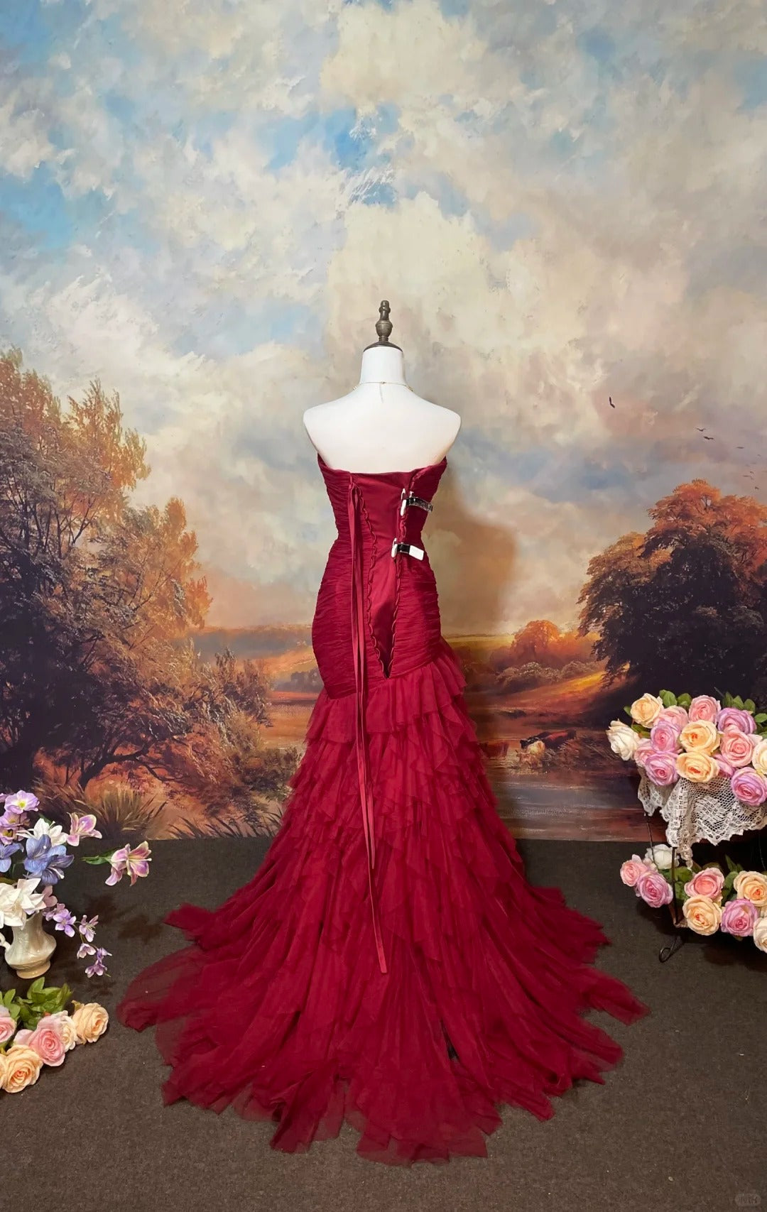Burgundy Mermaid Tulle Strapless Evening Dress Long Prom Dress cg25568