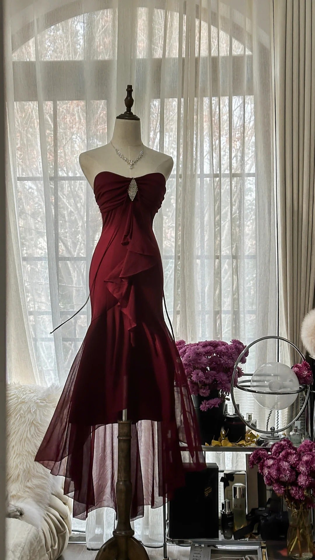 Burgundy Vintage Evening Dresses, Sleeveless Long Party Gowns cg25510