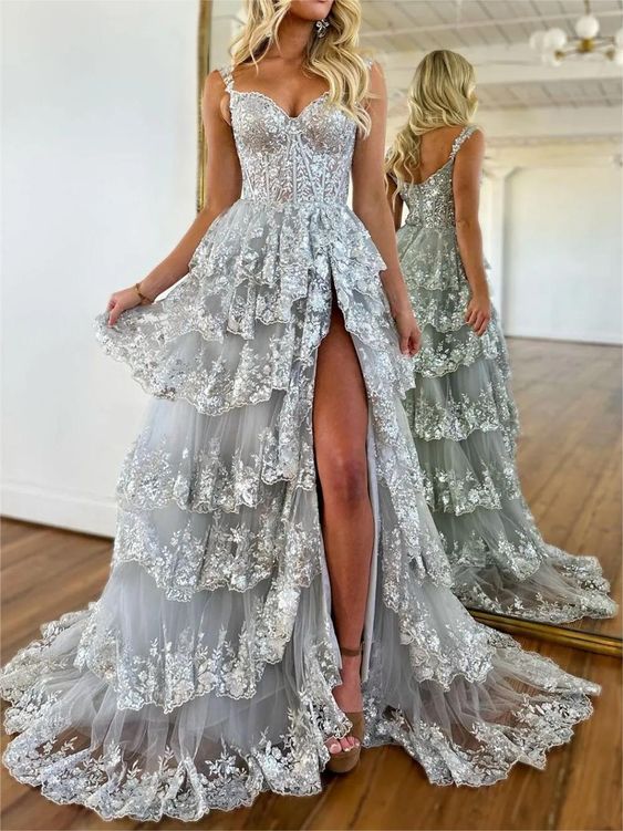 Silver Princess A Line Off the Shoulder Corset Prom Dress with Lace Ruffles cg25145