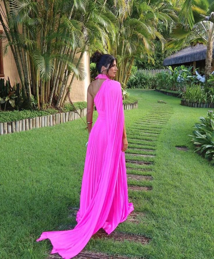 Fuchsia One Shoulder Prom Dress With Draped Sleeves Halter Neck Formal Party Gown Evening Dress cg25126