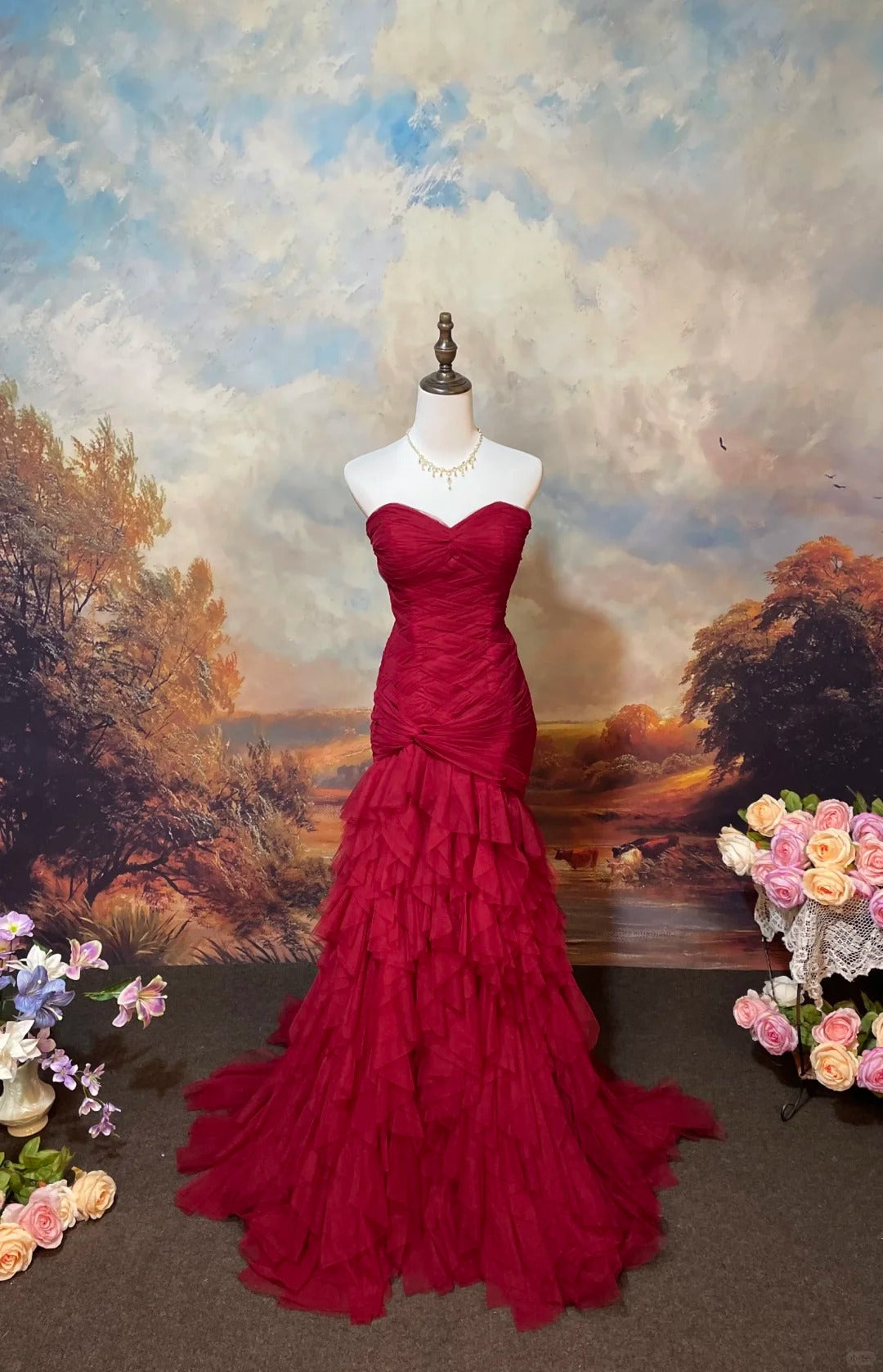 Burgundy Mermaid Tulle Strapless Evening Dress Long Prom Dress cg25568
