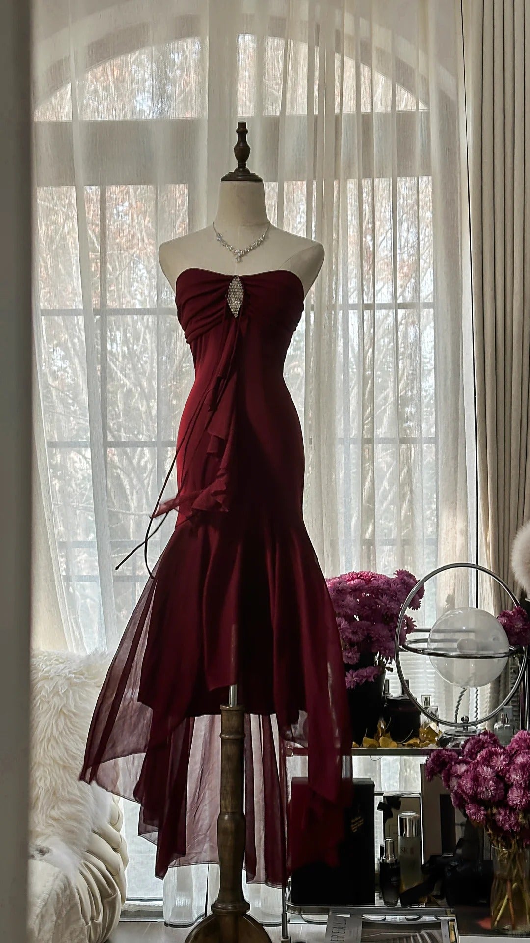 Burgundy Vintage Evening Dresses, Sleeveless Long Party Gowns cg25510