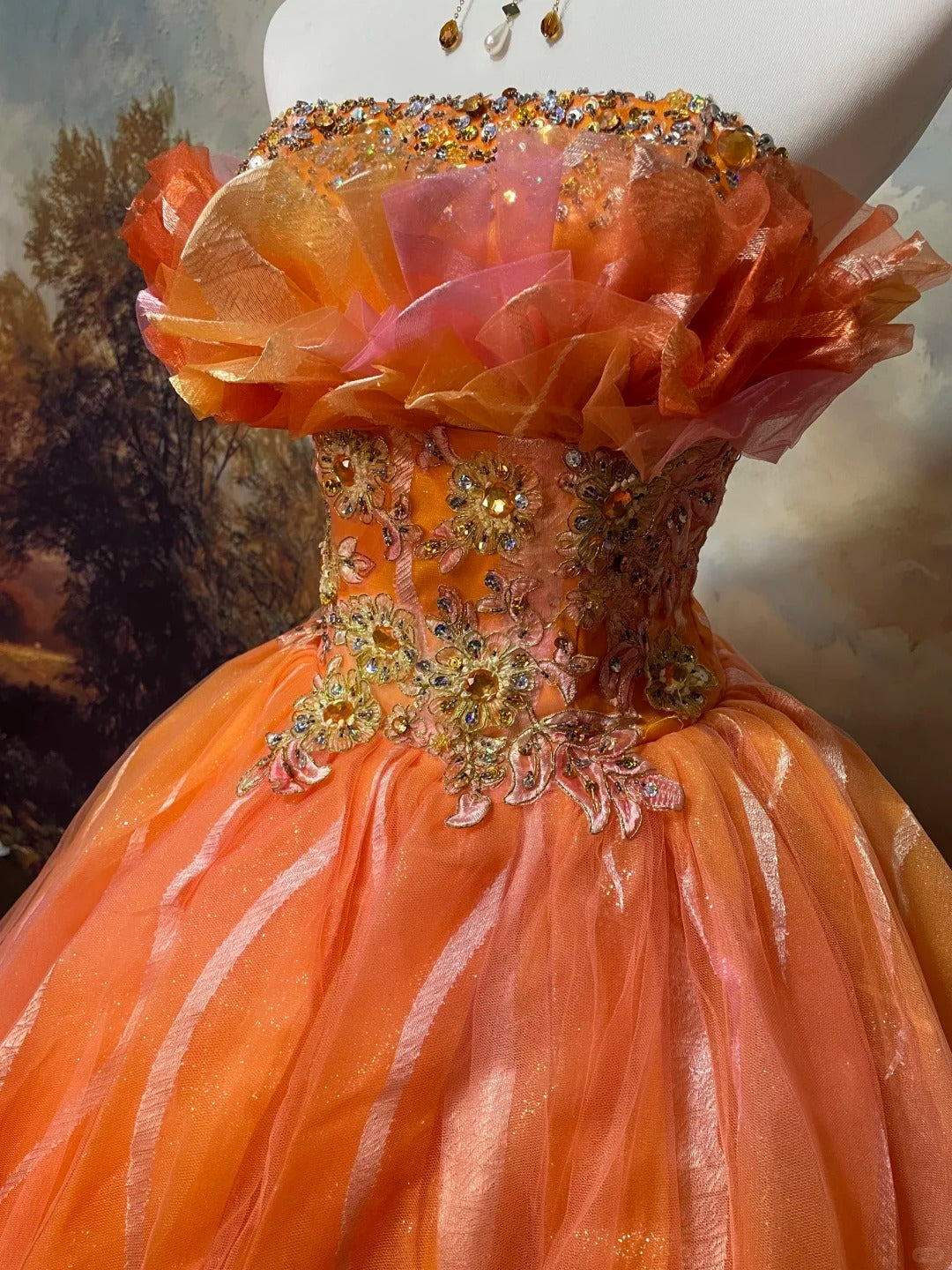 A Line Orange Strapless Ball Gown Quinceanera Dress Unique Evening Dress cg25571