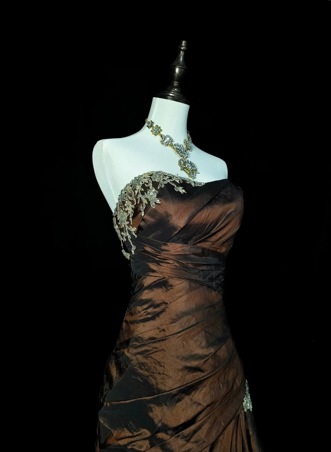 Strapless Brown Vintage Evening Dresses, Sleeveless Long Party Gowns cg25499