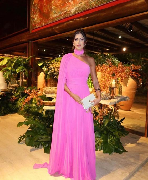 Fuchsia One Shoulder Prom Dress With Draped Sleeves Halter Neck Formal Party Gown Evening Dress cg25126