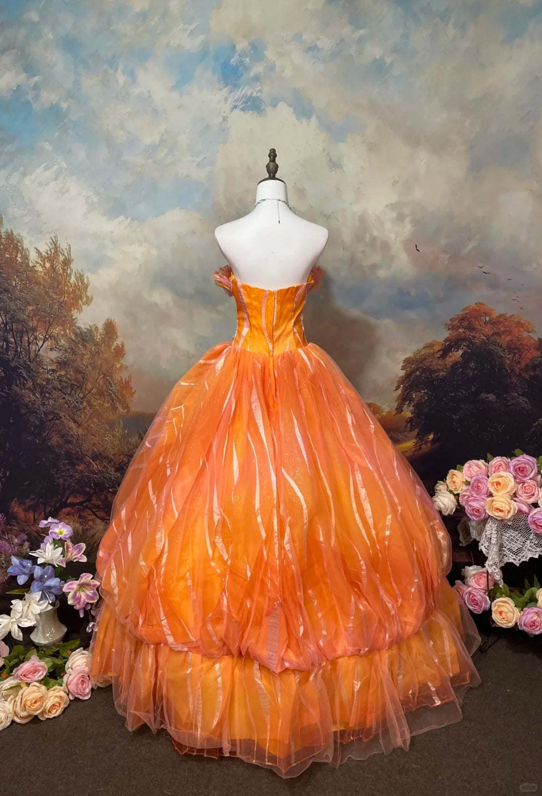 A Line Orange Strapless Ball Gown Quinceanera Dress Unique Evening Dress cg25571