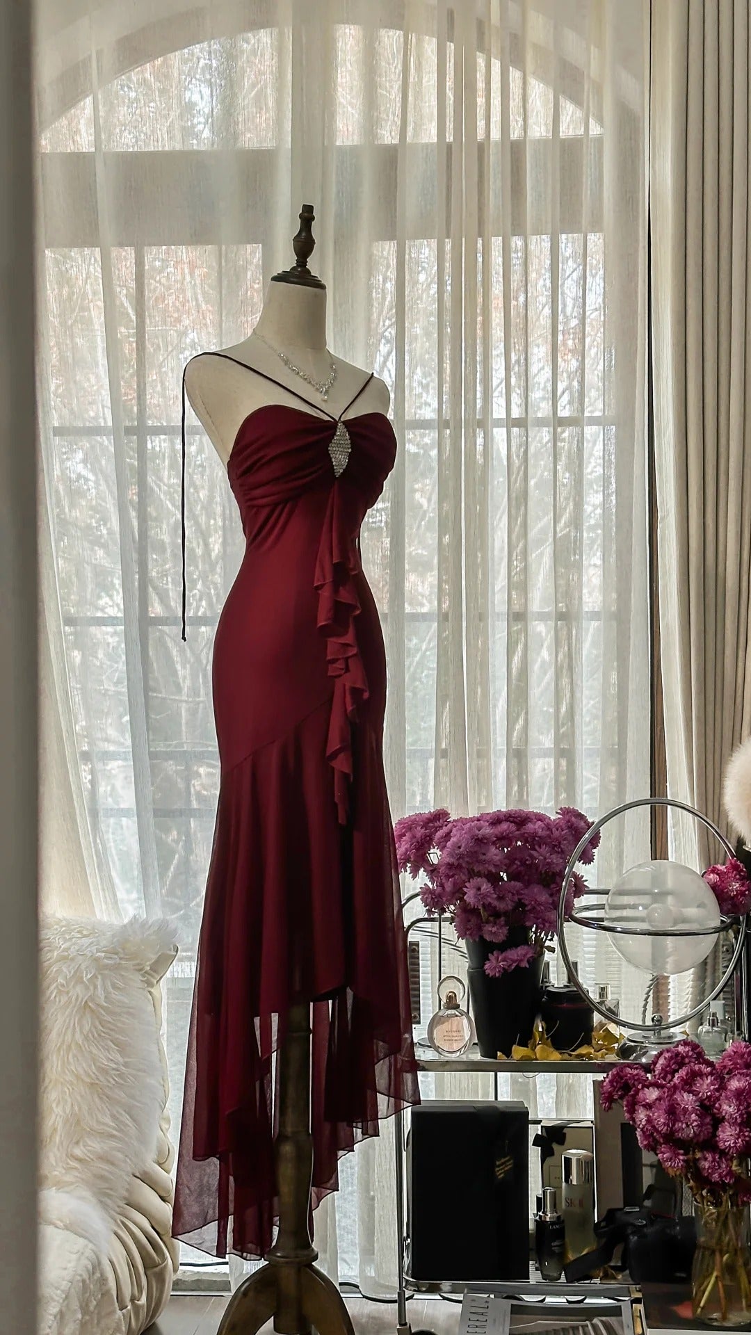 Burgundy Vintage Evening Dresses, Sleeveless Long Party Gowns cg25510