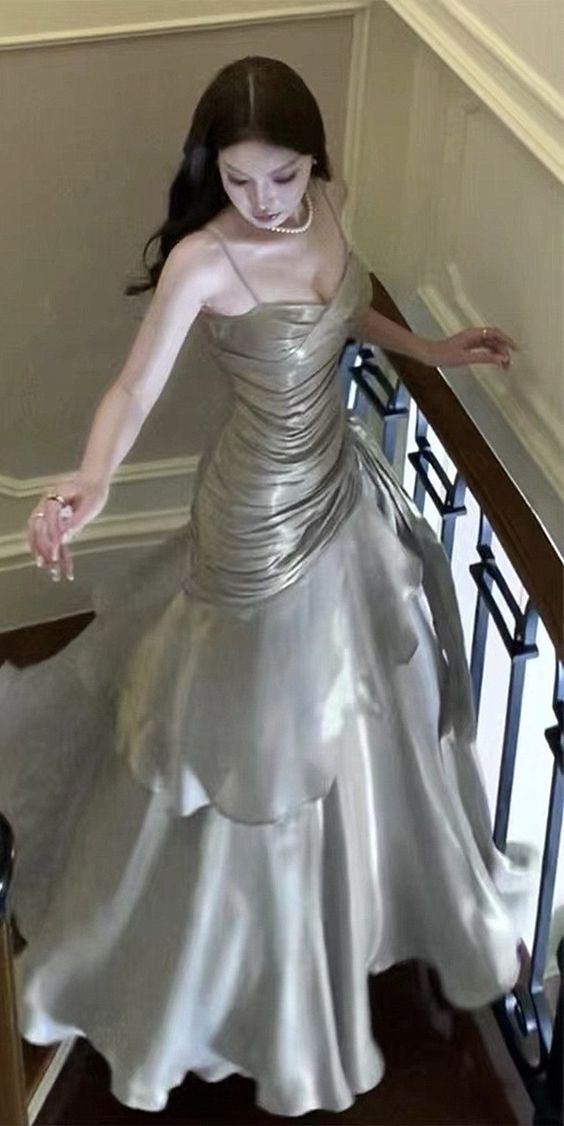 Sliver Grey Satin Straps Long Formal Gown, Cute Long Prom Dress cg25173