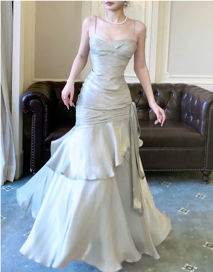 Sliver Grey Satin Straps Long Formal Gown, Cute Long Prom Dress cg25173