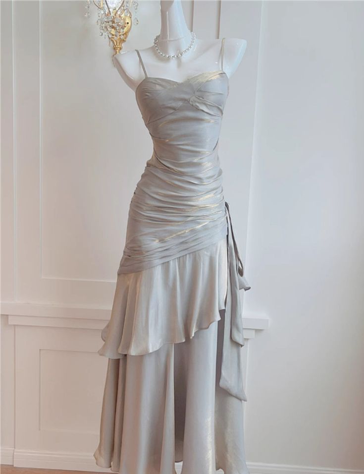 Sliver Grey Satin Straps Long Formal Gown, Cute Long Prom Dress cg25173