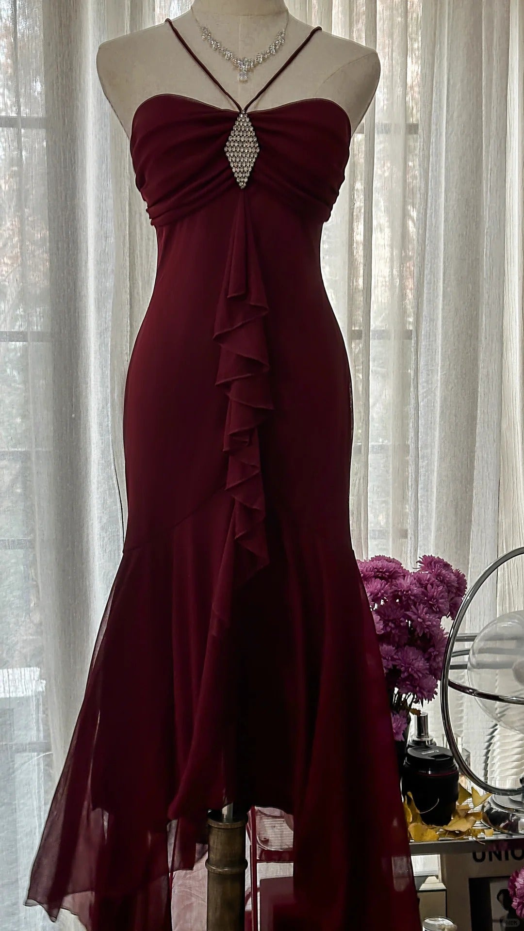 Burgundy Vintage Evening Dresses, Sleeveless Long Party Gowns cg25510
