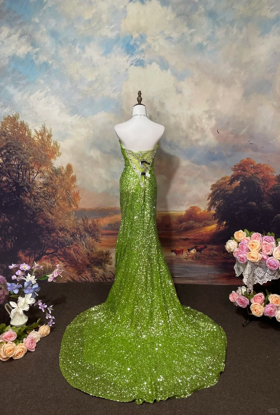 Green Sequin Mermaid Strapless Evening Dress Long Prom Dress cg25569