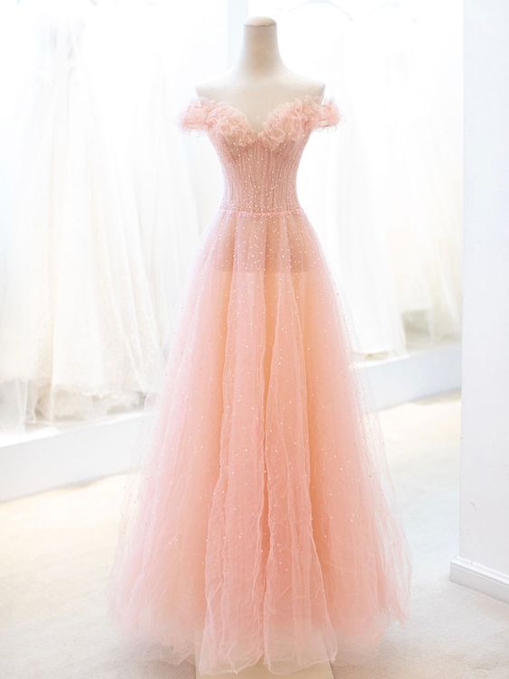 Pink Tulle Sequins Long Prom Dress, A-Line Lovely Evening Party Dress cg25118