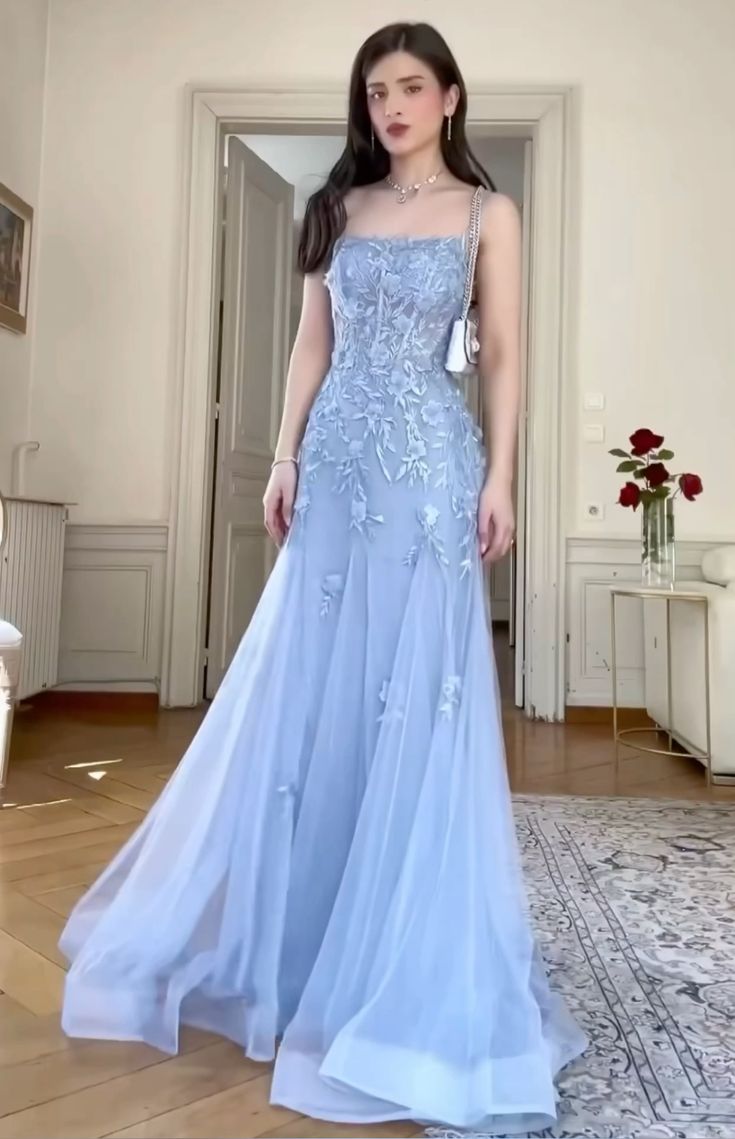Blue Tulle Lace Appliques Long Prom Dresses Charming Evening Dress cg25377