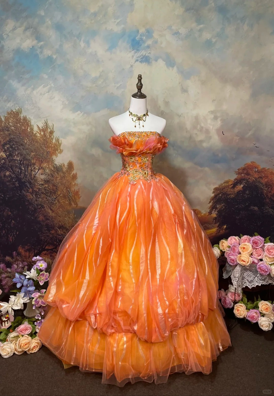 A Line Orange Strapless Ball Gown Quinceanera Dress Unique Evening Dress cg25571