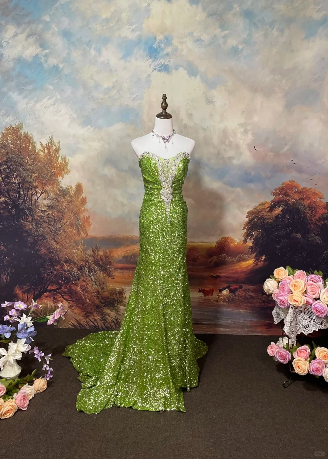 Green Sequin Mermaid Strapless Evening Dress Long Prom Dress cg25569
