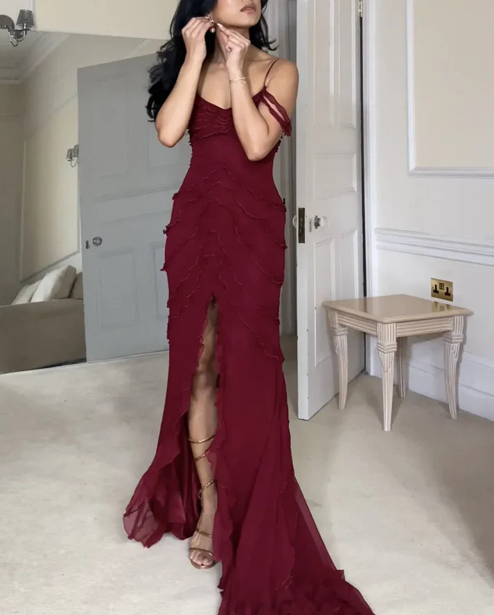 Sexy Burgundy Chiffon Long Prom Dresses Evening Dress cg25244