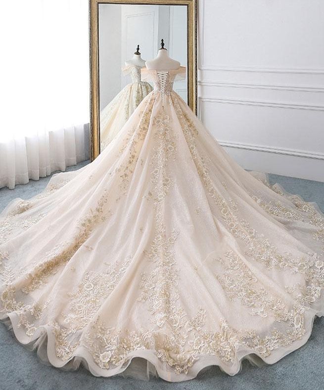 Champagne off shoulder tulle lace long wedding dress, wedding gown Prom Dresses cg16350