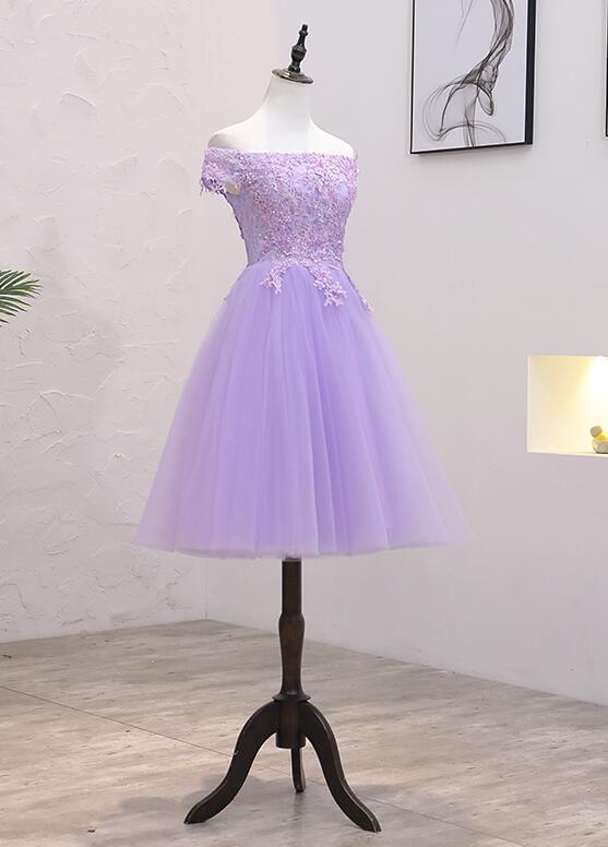 Light Purple Lace And Tulle Off The Shoulder Homecoming Dress, Short Party Dress cg9056