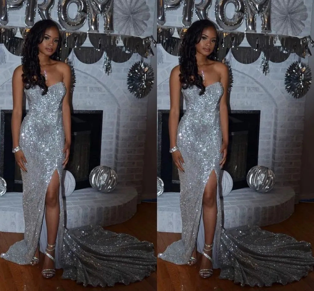 Sexy Mermaid Sweetheart Sweep Train Silver Sequined Prom Dress with Split, Long Prom Dress cg17222